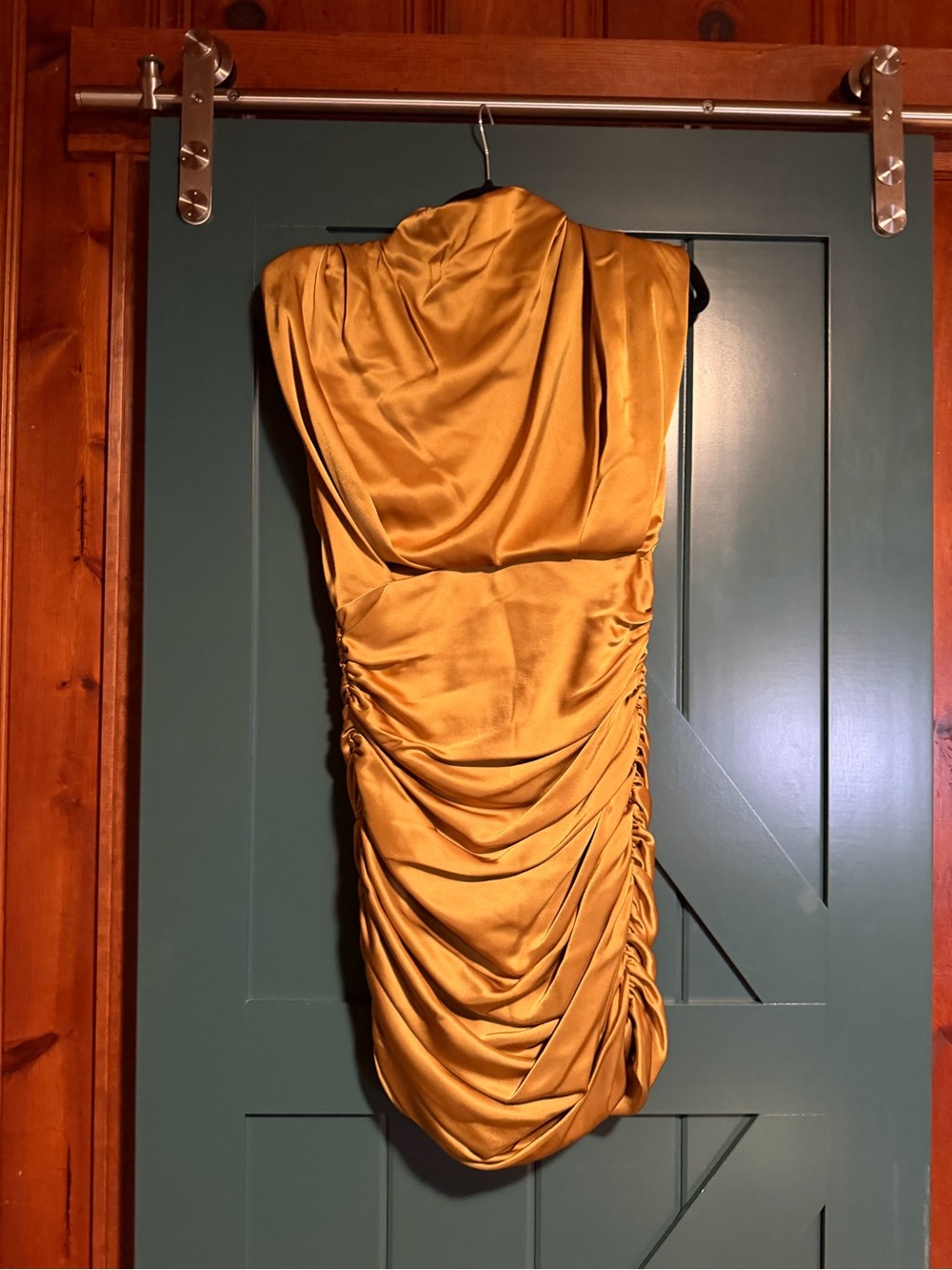 Babaton Mustard Satin Ruched Mini Dress